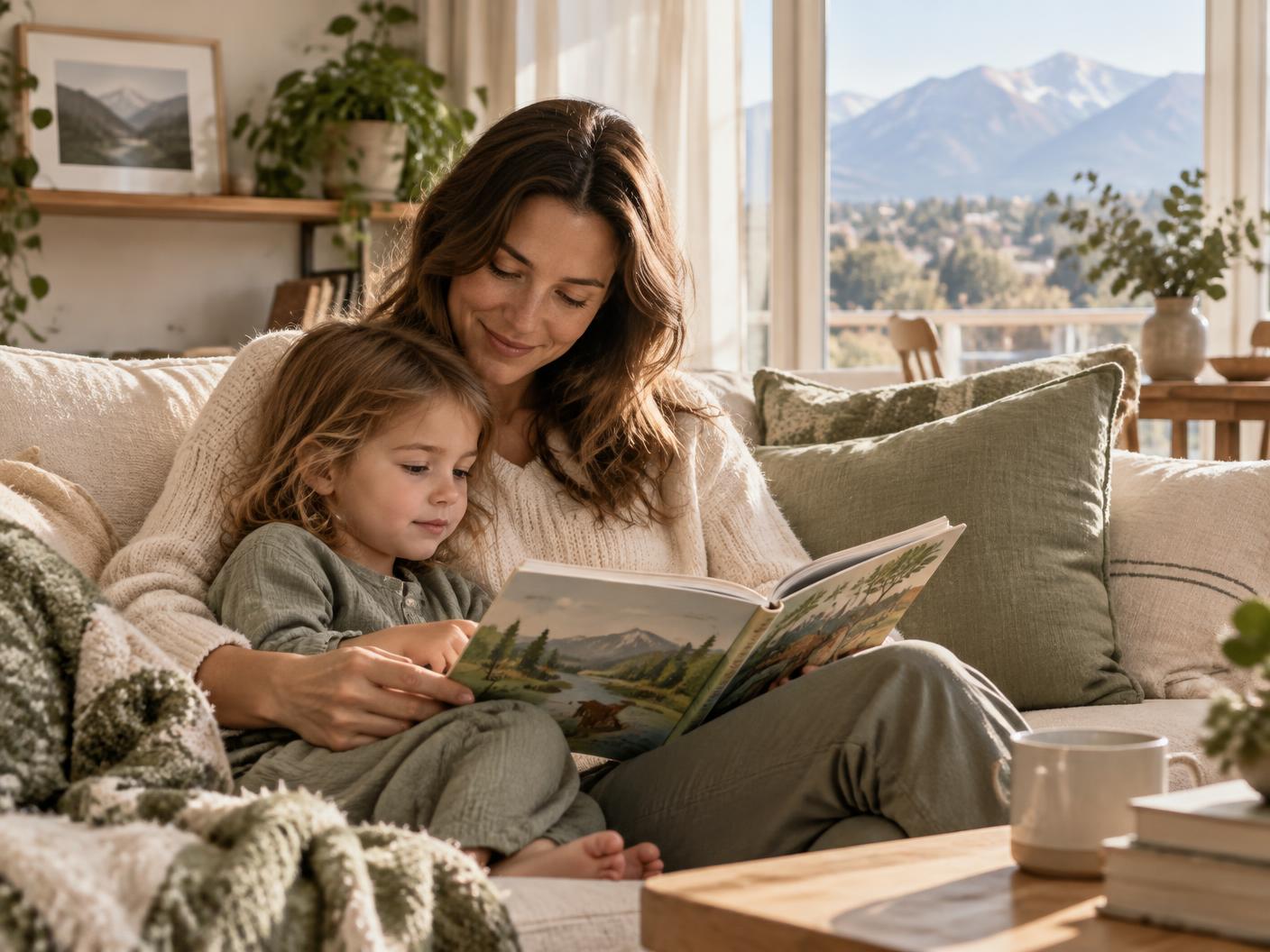 A parent reading with a young child on a sofa, mountains visible through the window